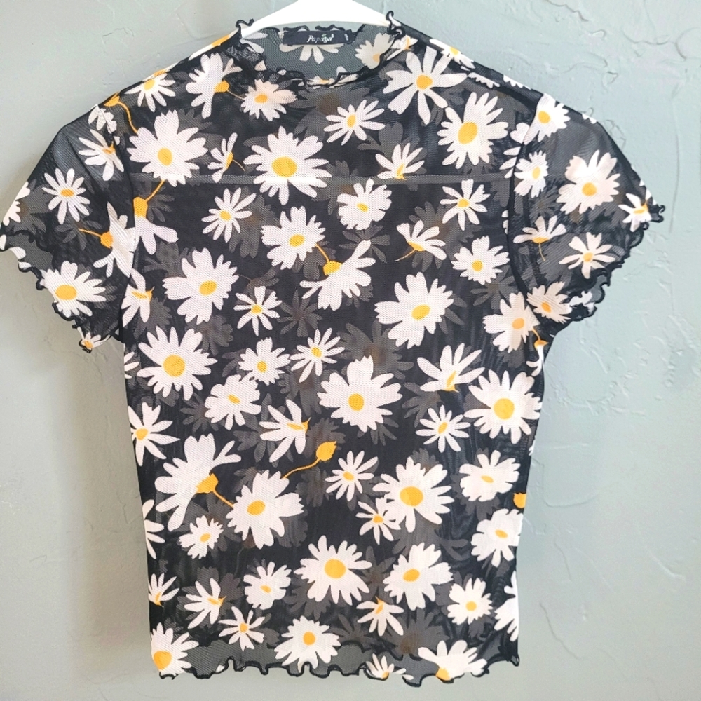 Ladies Short Sleeve Black Floral Pattern Blouse Top